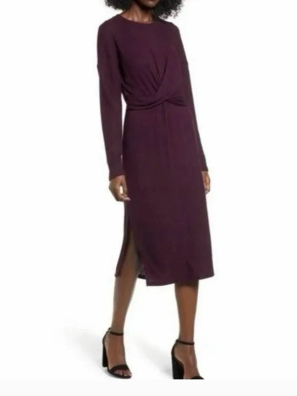 #224- All in Favor Long-Sleeve Knot-Front Midi Dress in Plum